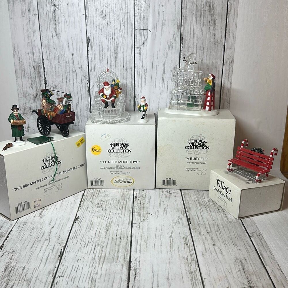 Department 56 Lot of 4 Village Accessories A Busy Elf‎ Candy Cane Bench